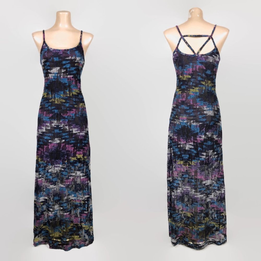 VINTAGE 90s Y2K Digital Print Stretch Mesh Party Maxi Dress With Strappy Back